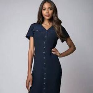 Halston Heritage Vintage Navy Button Down Midi Dress Made in the USA size 10